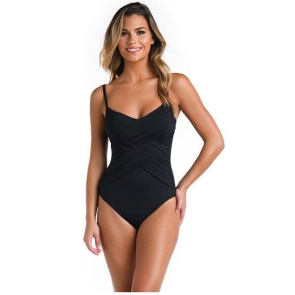 LA BLANCA Drapped Mio One Piece, Island Goddess Black Sz 10 - Picture 1 of 7